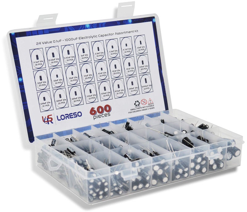 LSR LORESO Loreso Electrolytic Capacitor Variety Pack 600 pcs Assortment Kit Box - 600pcs 24 Value - Electrolytic Capacitors 0.1uf to 1000uf 50V, for Electronics Projects - Image 1